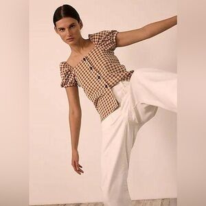 Madewell Gingham Jacquard Square Neck Puff Sleeve Top Blouse Small